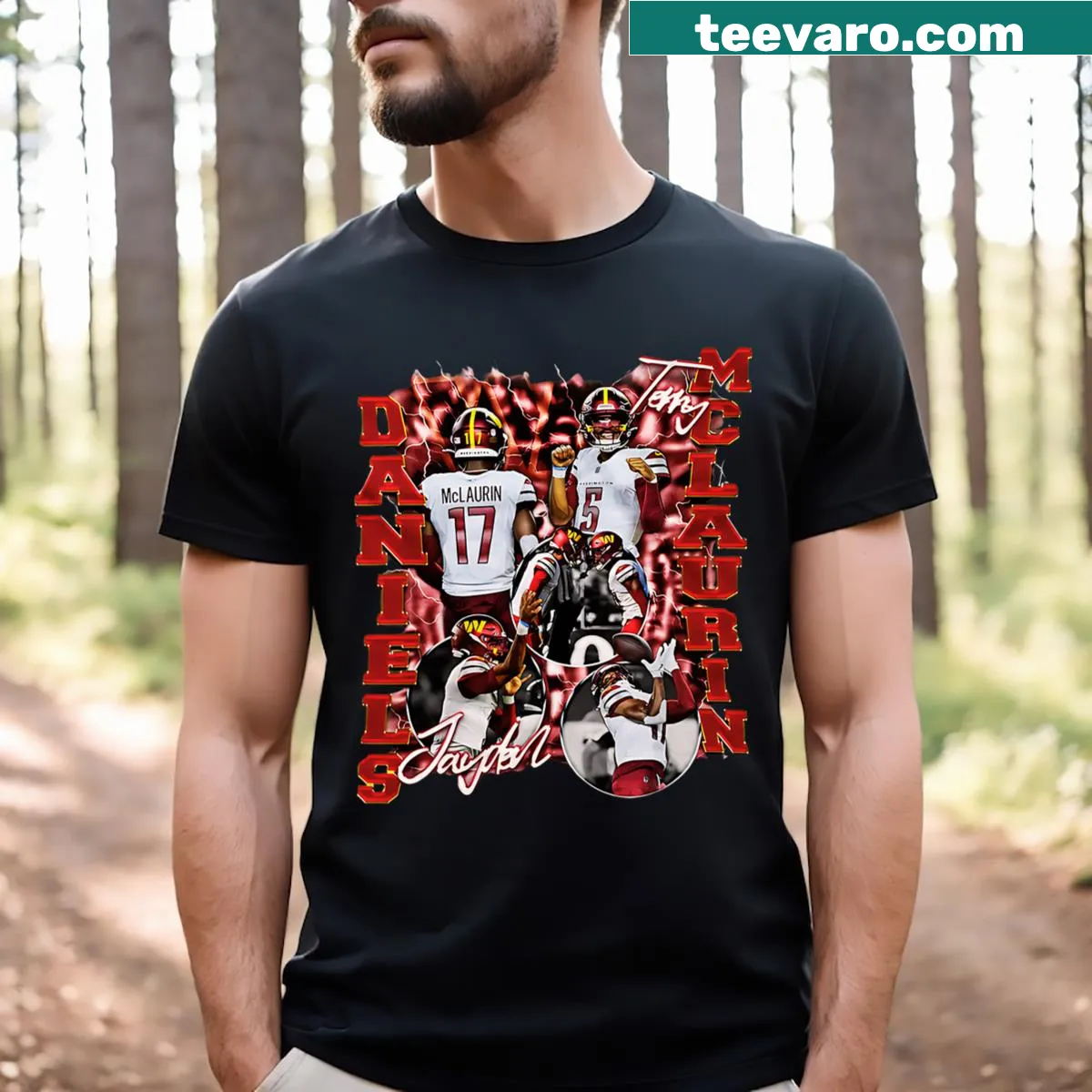 90s graphic featuring Jayden Daniels and Terry McLaurin — on a men's t-shirt