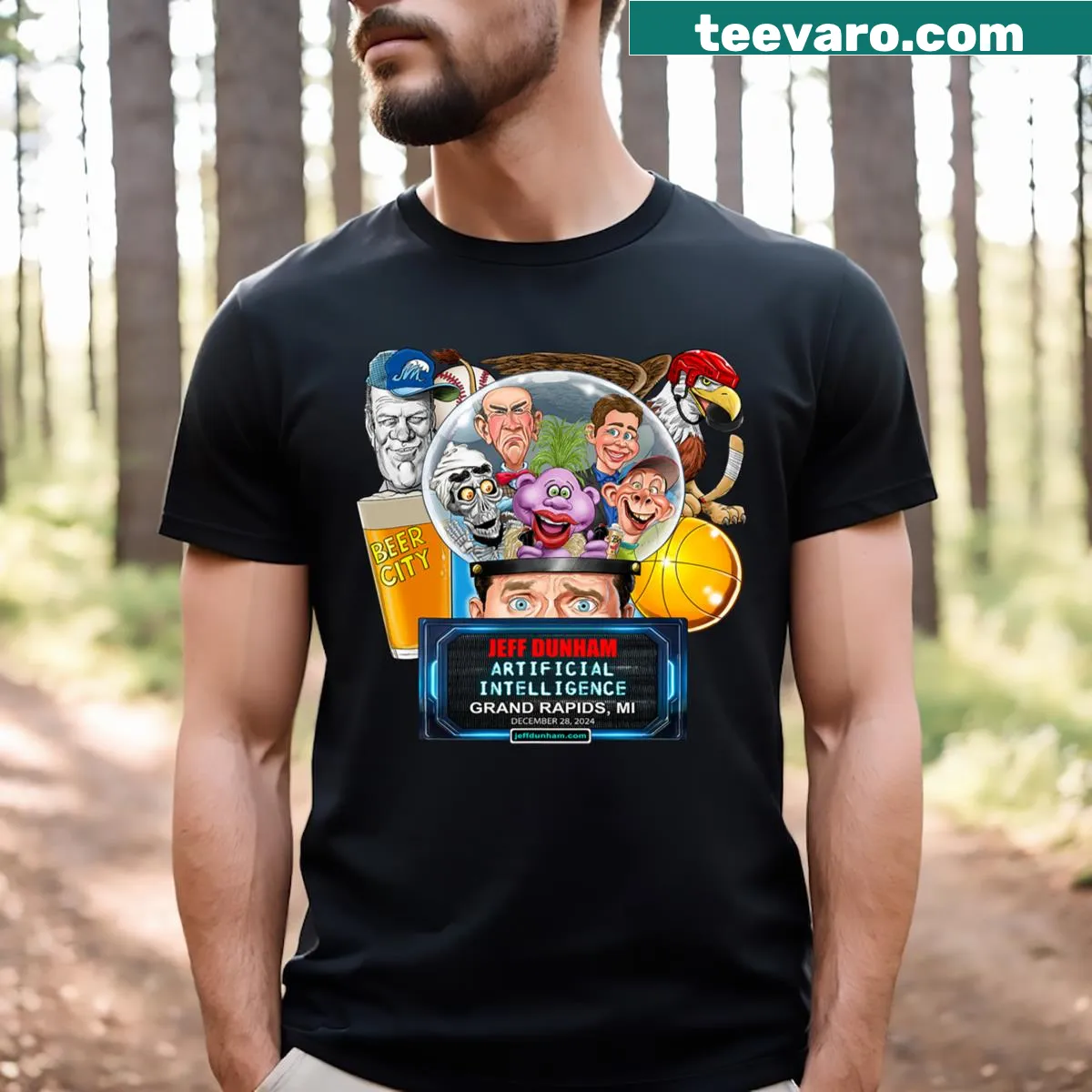 Typography celebrating Jeff Dunham's performance in Grand Rapids 2024 — on a men's t-shirt