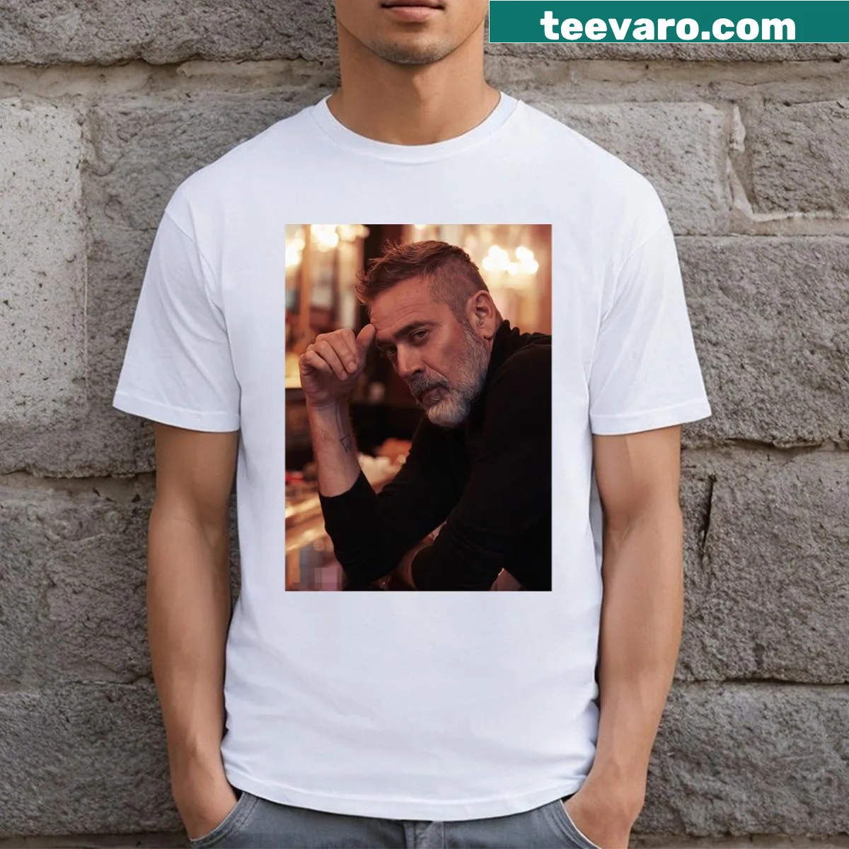 Stylized illustration of Jeffrey Dean Morgan on a t-shirt — on a men's t-shirt