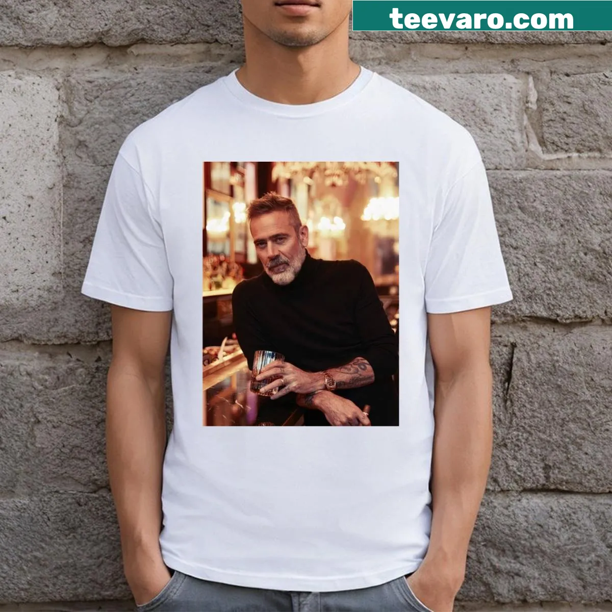 Charming t-shirt featuring an illustration of Jeffrey Dean Morgan. — on a men's t-shirt