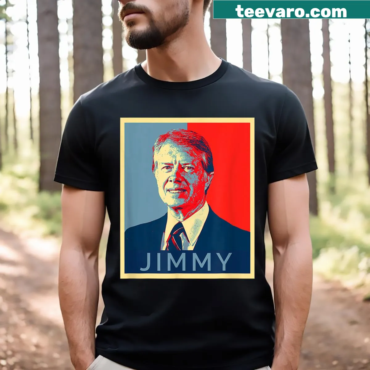 Pop art T-shirt featuring Jimmy Carter's portrait — on a men's t-shirt