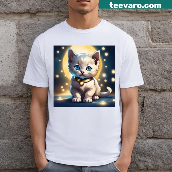 Kitten graphic under the moon on a playful t-shirt design