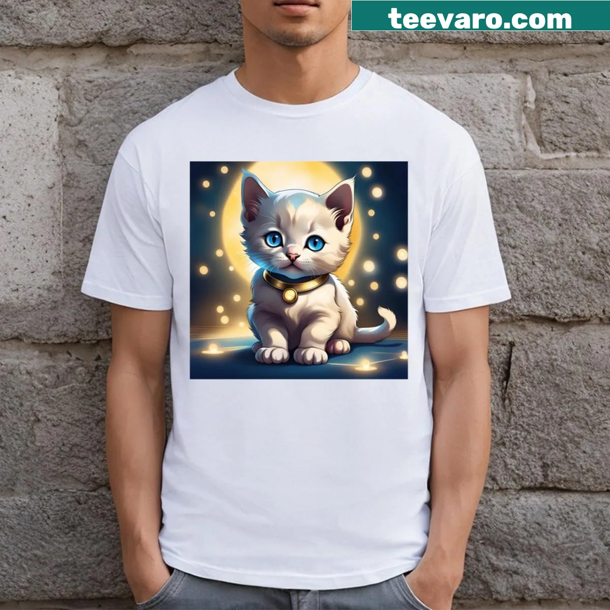 Kitten graphic under the moon on a playful t-shirt design — on a men's t-shirt