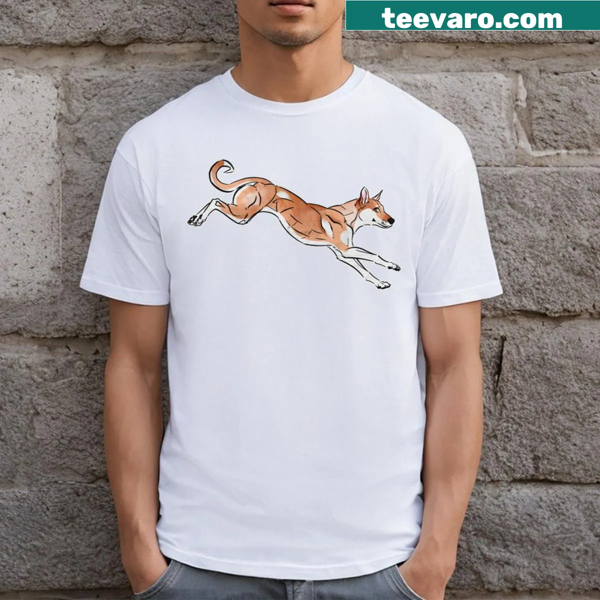 Illustration of a leaping Carolina Dog in red — on a men's t-shirt