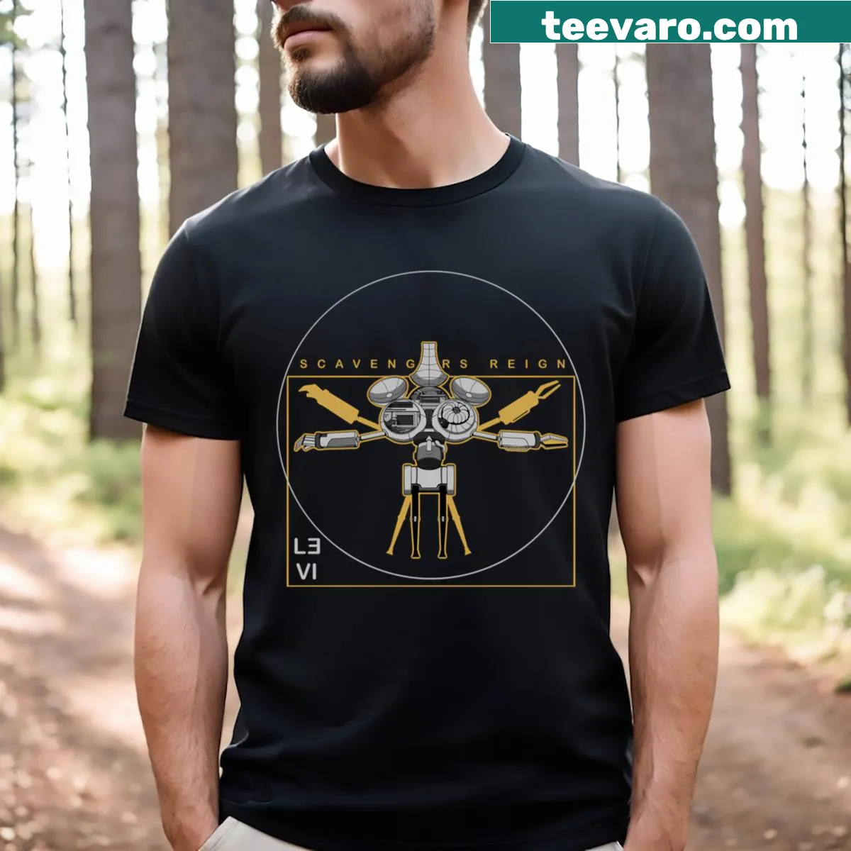 Illustrative T-shirt inspired by Da Vinci with adventure themes — on a men's t-shirt