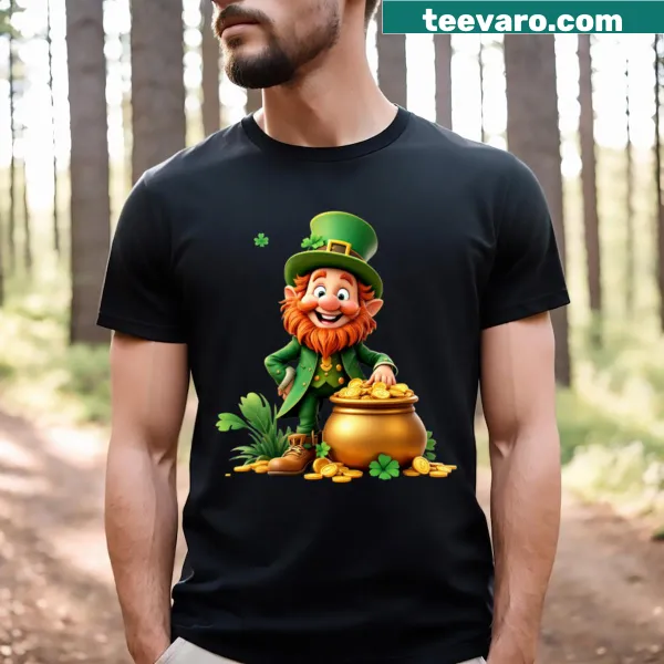 Playful cartoon of Lucky the Leprechaun on a T-shirt