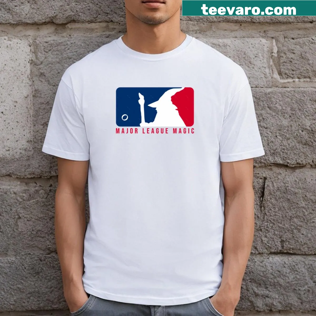 Playful Major League Magic t-shirt with bold typography — on a men's t-shirt