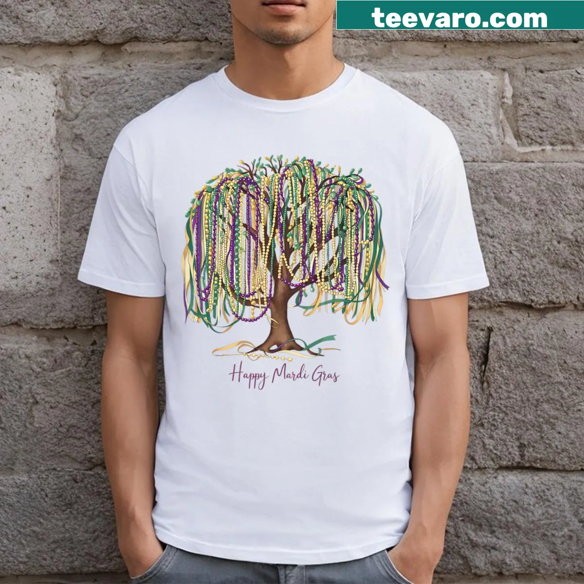 Tree with Mardi Gras beads graphic on T-shirt — on a men's t-shirt