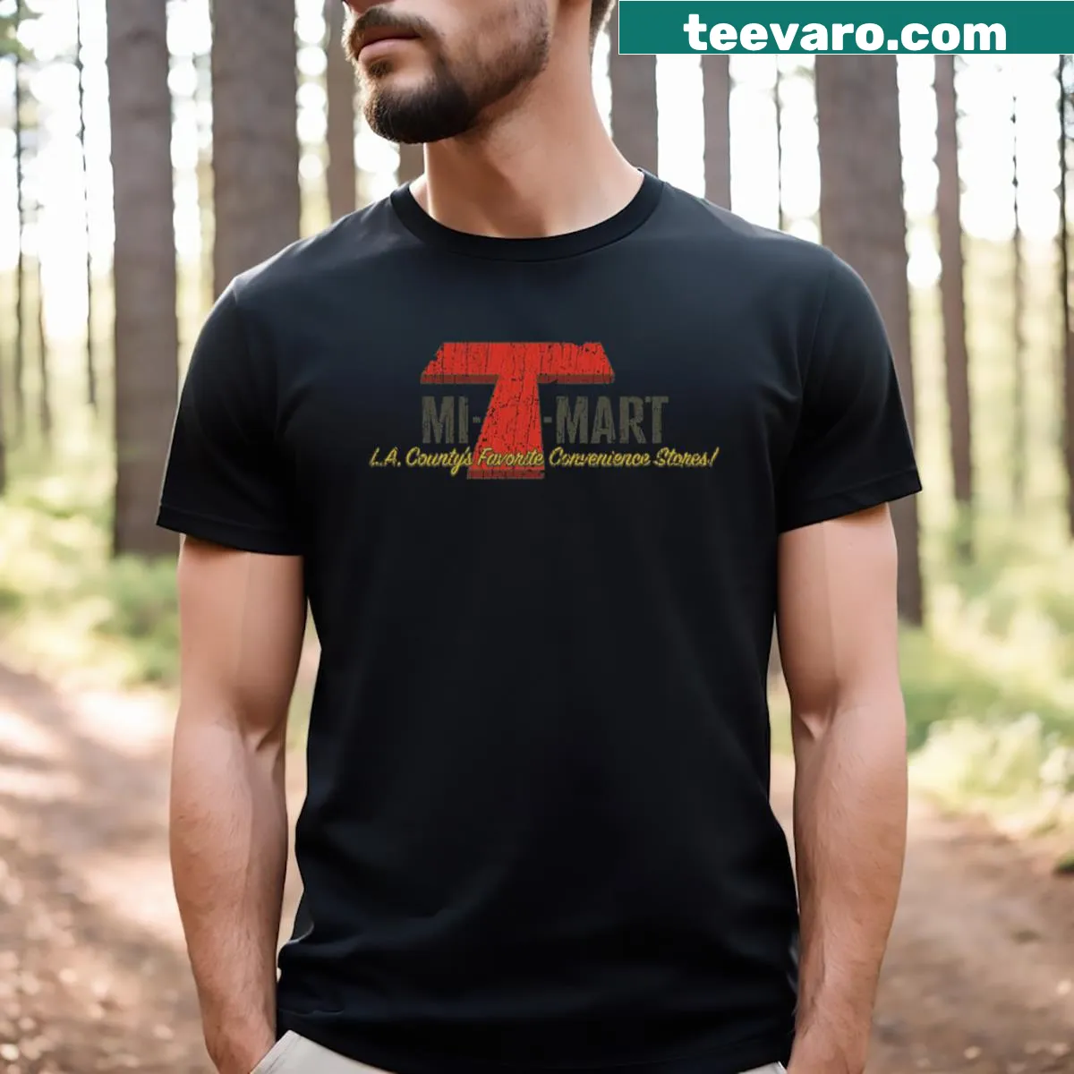 Vintage-style T-shirt honoring Mi T Mart in 1969 Los Angeles — on a men's t-shirt