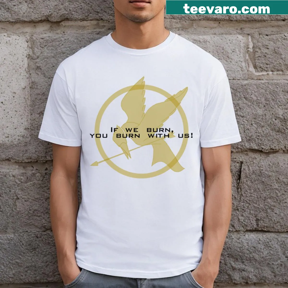 Graphic Mockingjay t-shirt featuring the iconic emblem — on a men's t-shirt