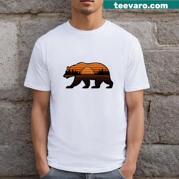 Illustration of a bear with rustic nature scenery on a t-shirt