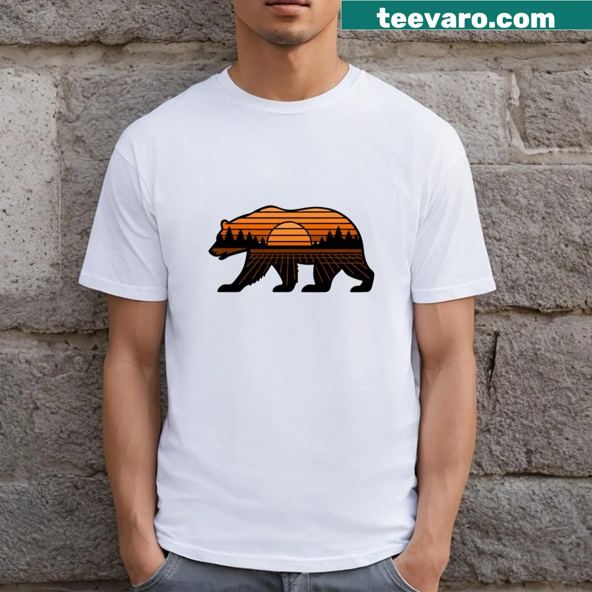Illustration of a bear with rustic nature scenery on a t-shirt — on a men's t-shirt