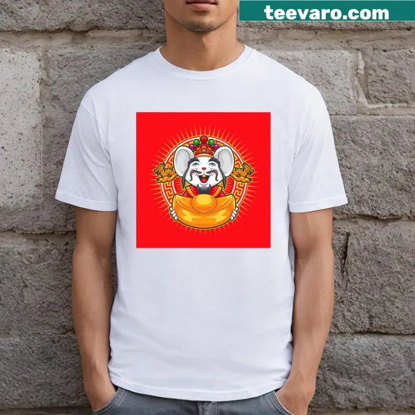Playful illustration of a mouse and a gold scoop on a t-shirt