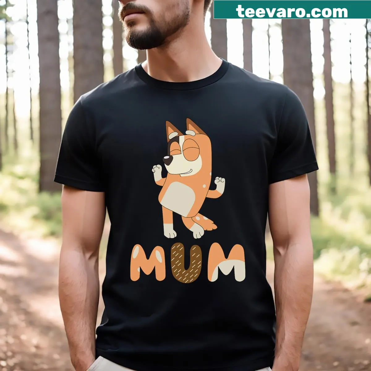 Illustration of a Tan Blue Heeler with 'Mum' text on t-shirt — on a men's t-shirt
