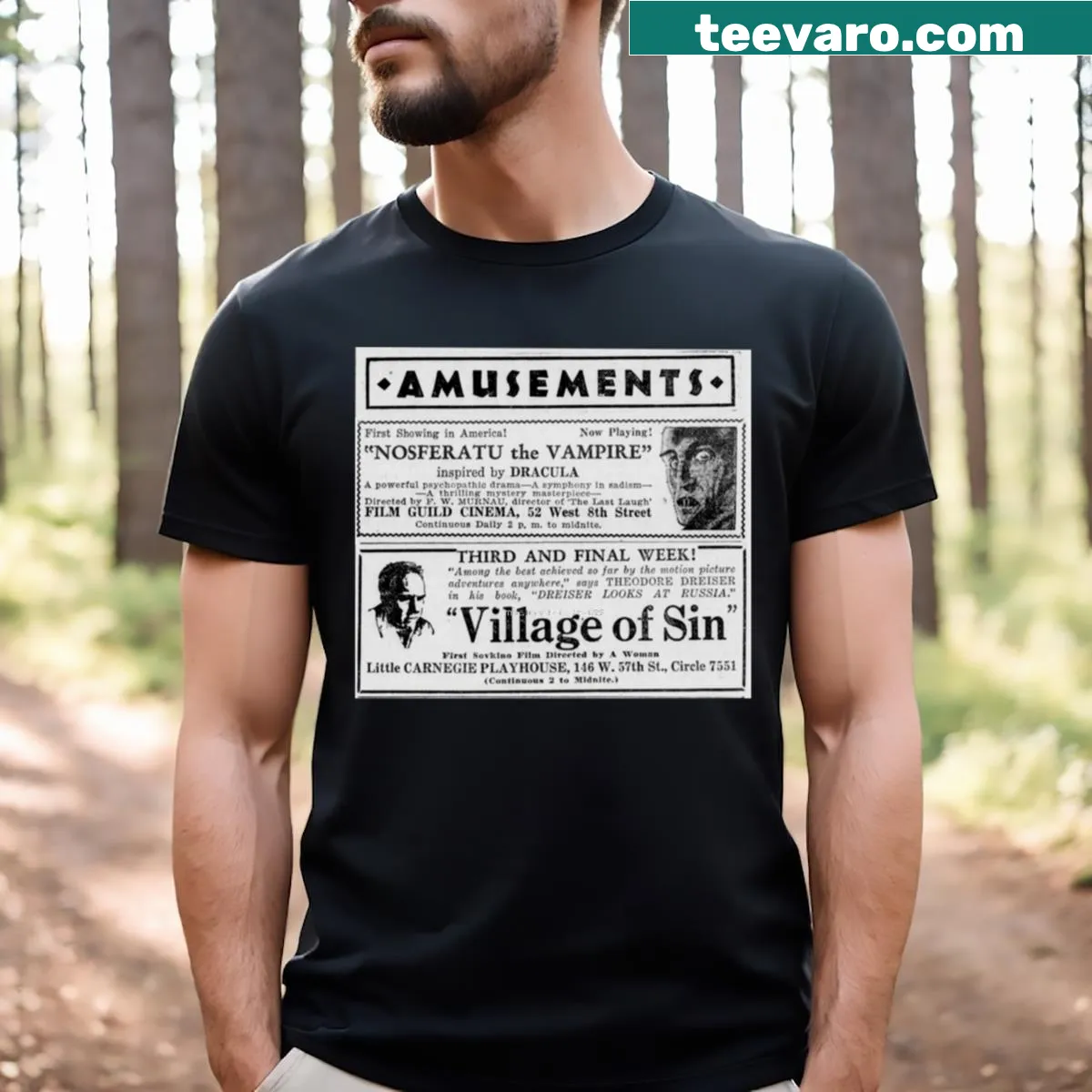 Nosferatu T-shirt featuring a vintage newspaper clipping design — on a men's t-shirt