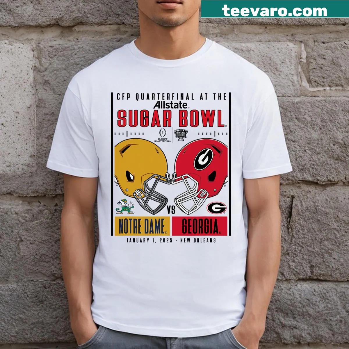 Notre Dame Vs Georgia Sugar Bowl matchup t-shirt — on a men's t-shirt