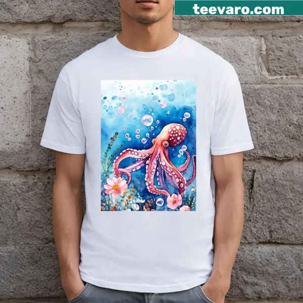 Illustrated octopus surrounded by flowers and bubbles on T-shirt
