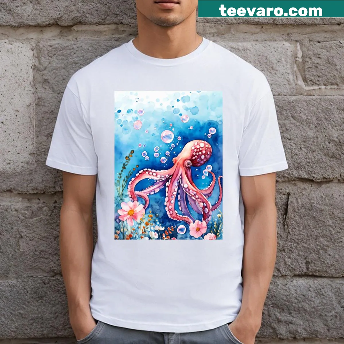Illustrated octopus surrounded by flowers and bubbles on T-shirt — on a men's t-shirt