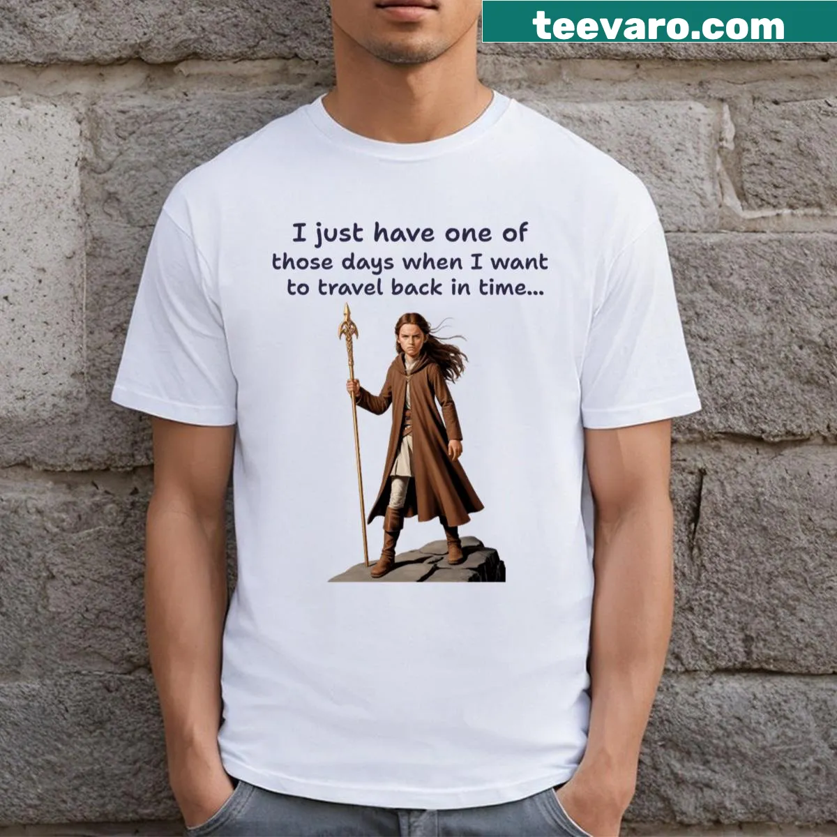 T-shirt with a whimsical graphic illustrating the desire to travel through time. — on a men's t-shirt