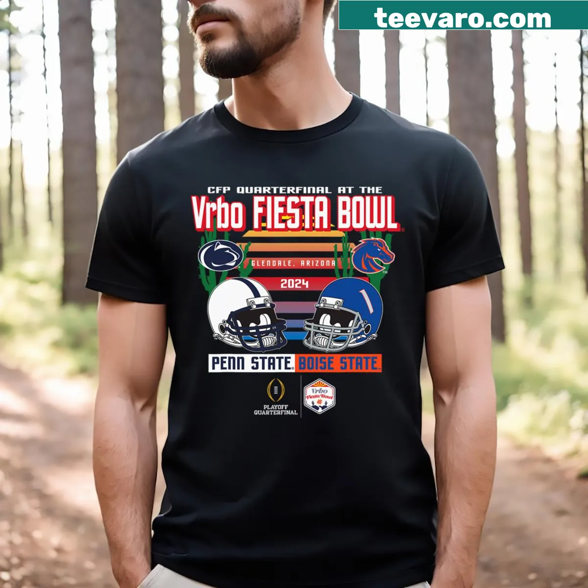 Illustrated t-shirt for Penn State vs Boise State Fiesta Bowl matchup — on a men's t-shirt