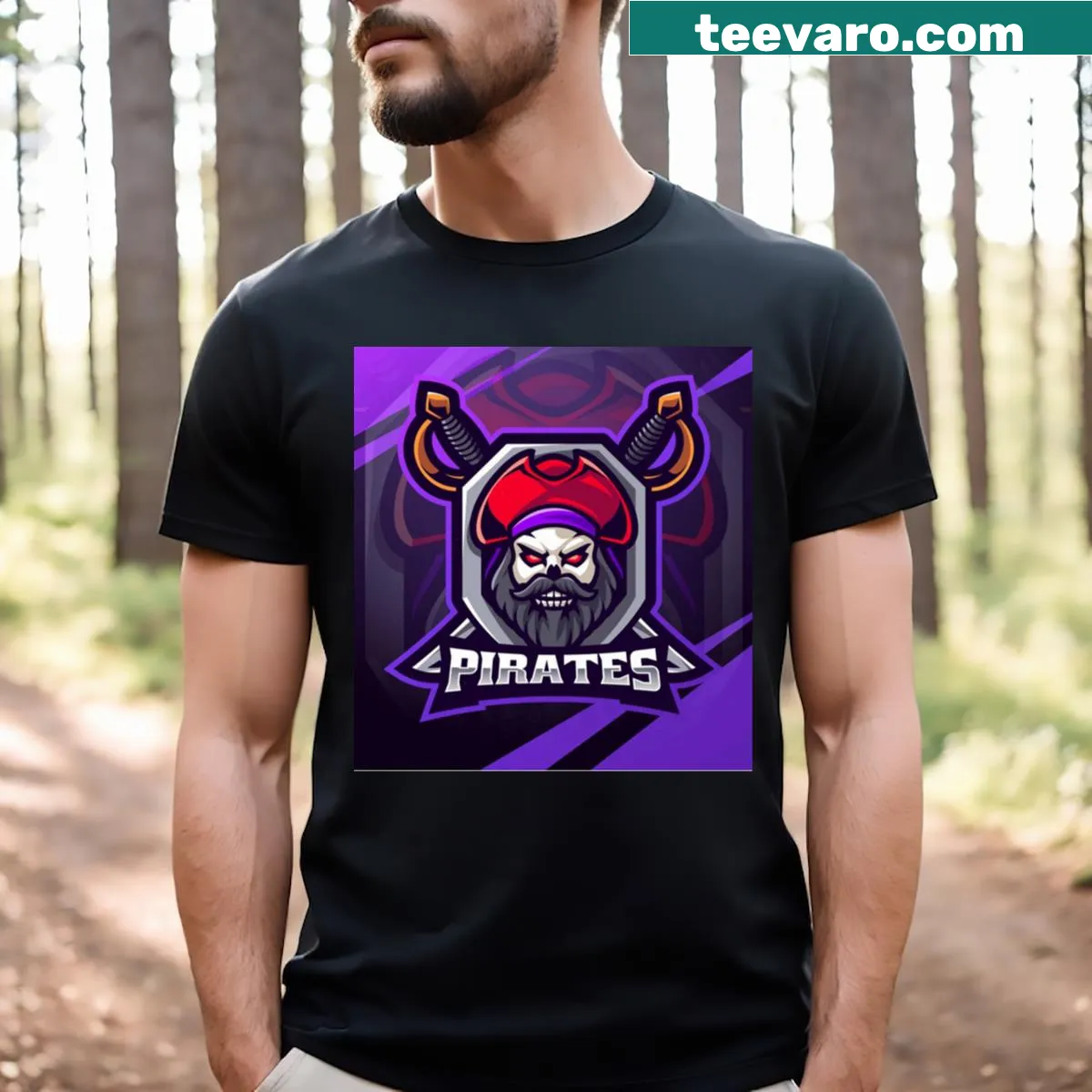 Whimsical pirate mascot t-shirt featuring a playful pirate character — on a men's t-shirt