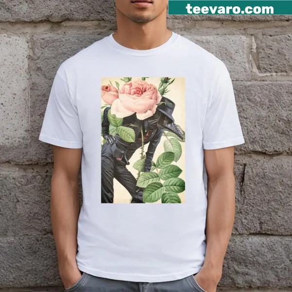 Plague doctor mask with floral collage artwork on t-shirt