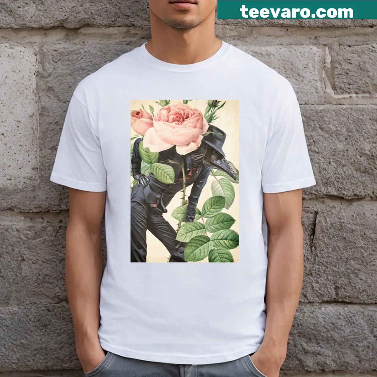 Plague doctor mask with floral collage artwork on t-shirt — on a men's t-shirt