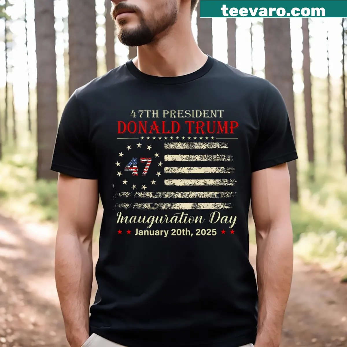 Vintage-style T-shirt featuring the US flag for Inauguration Day 2025. — on a men's t-shirt