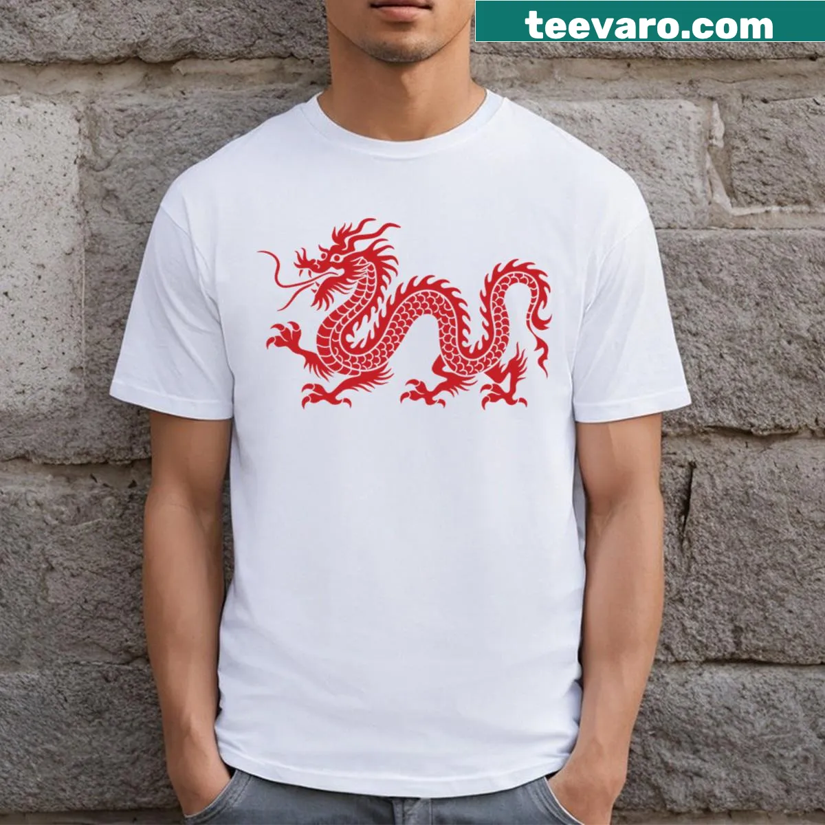 T-shirt featuring a detailed Chinese dragon illustration — on a men's t-shirt