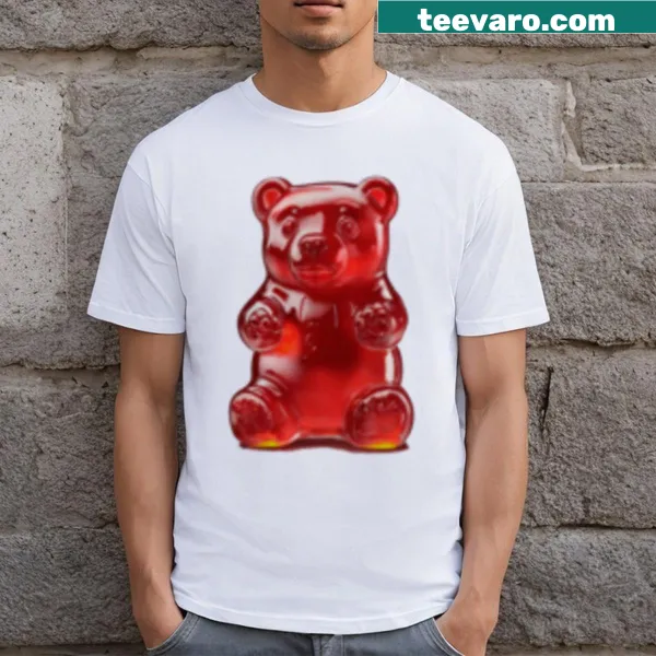 Cartoon red gummy bear graphic on T-shirt