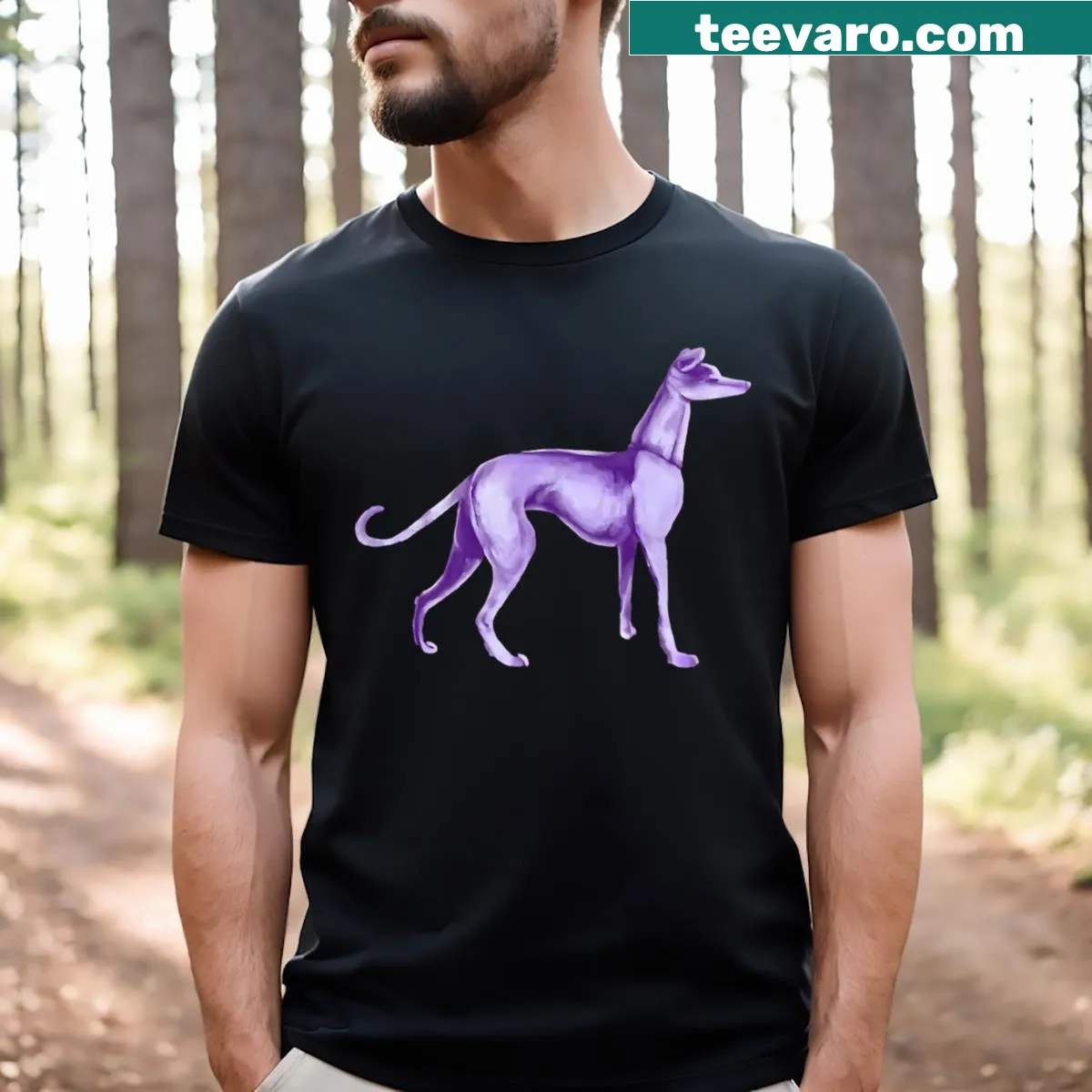 Playful T-shirt with cartoon of a purple dog — on a men's t-shirt