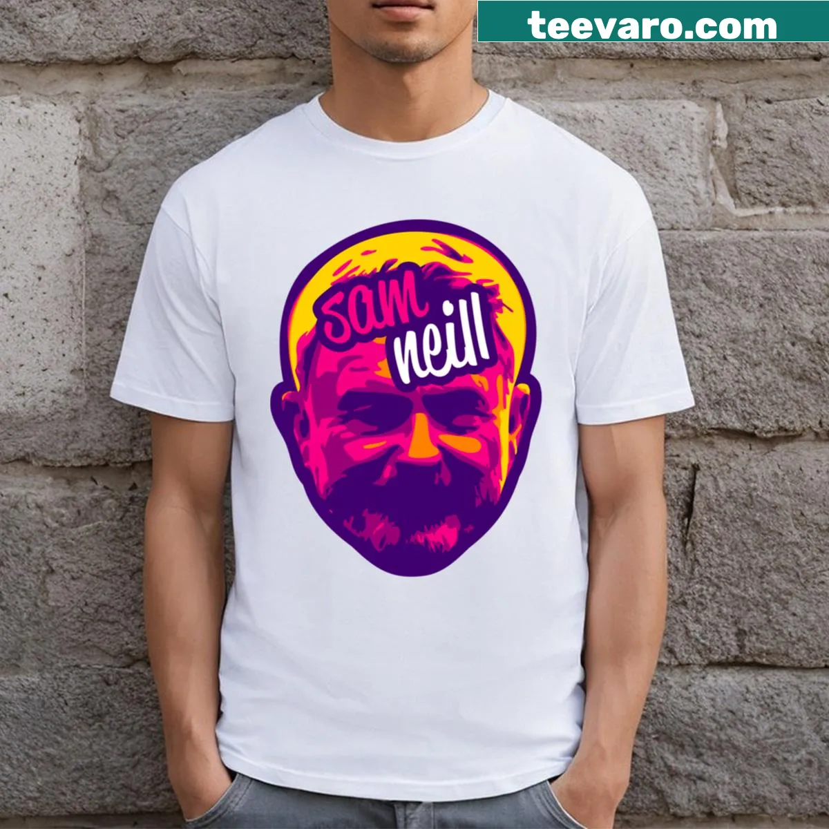 Sam Neill actor t-shirt with minimalist design — on a men's t-shirt