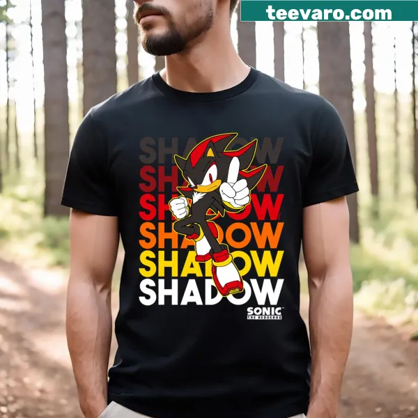 Cool stacked text logo of Shadow The Hedgehog on t-shirt