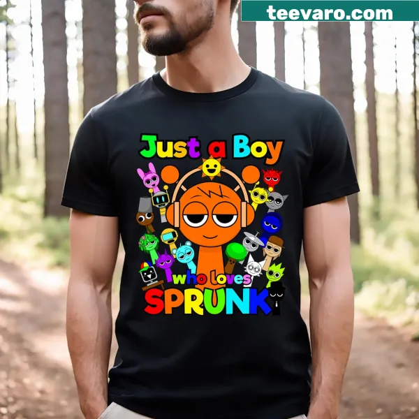 Text design 'Just A Boy Who Loves Sprunki' on T-shirt