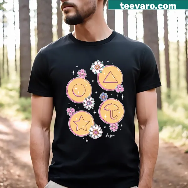 Dalgona candy flower pattern graphic on Squid Game-themed t-shirt