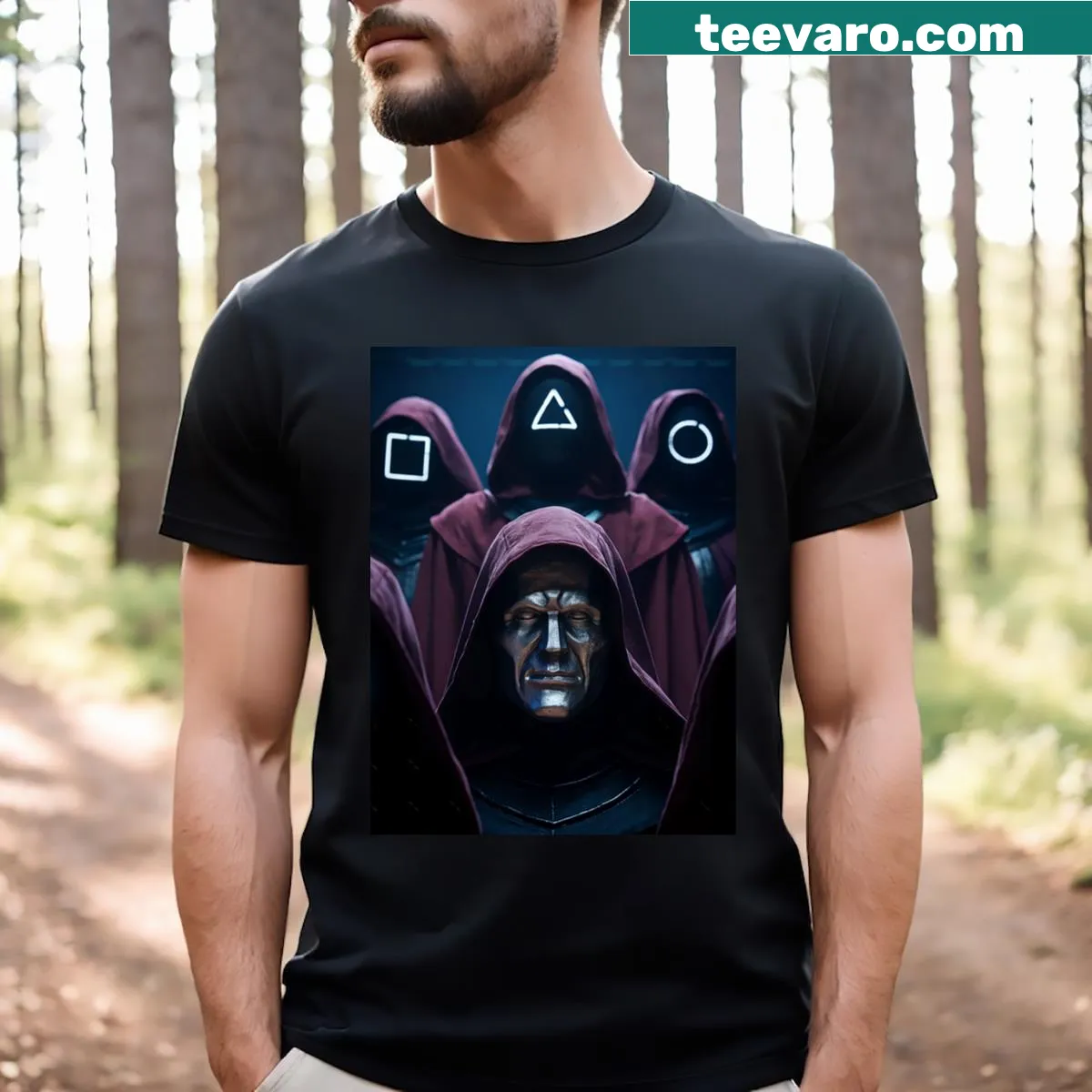 Illustration of Squid Game guards with geometric masks — on a men's t-shirt