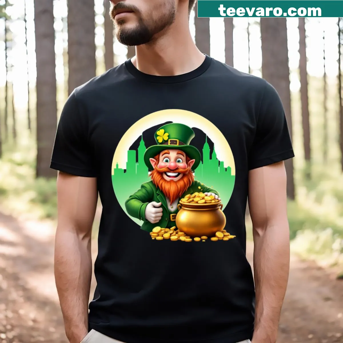 Cartoon leprechaun with a pot of gold graphic on St. Patrick's Day t-shirt — on a men's t-shirt
