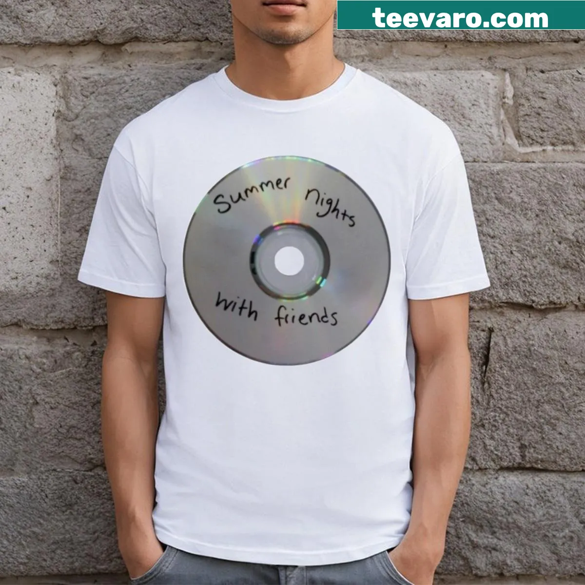 Vintage-style t-shirt celebrating summer nights with friends — on a men's t-shirt