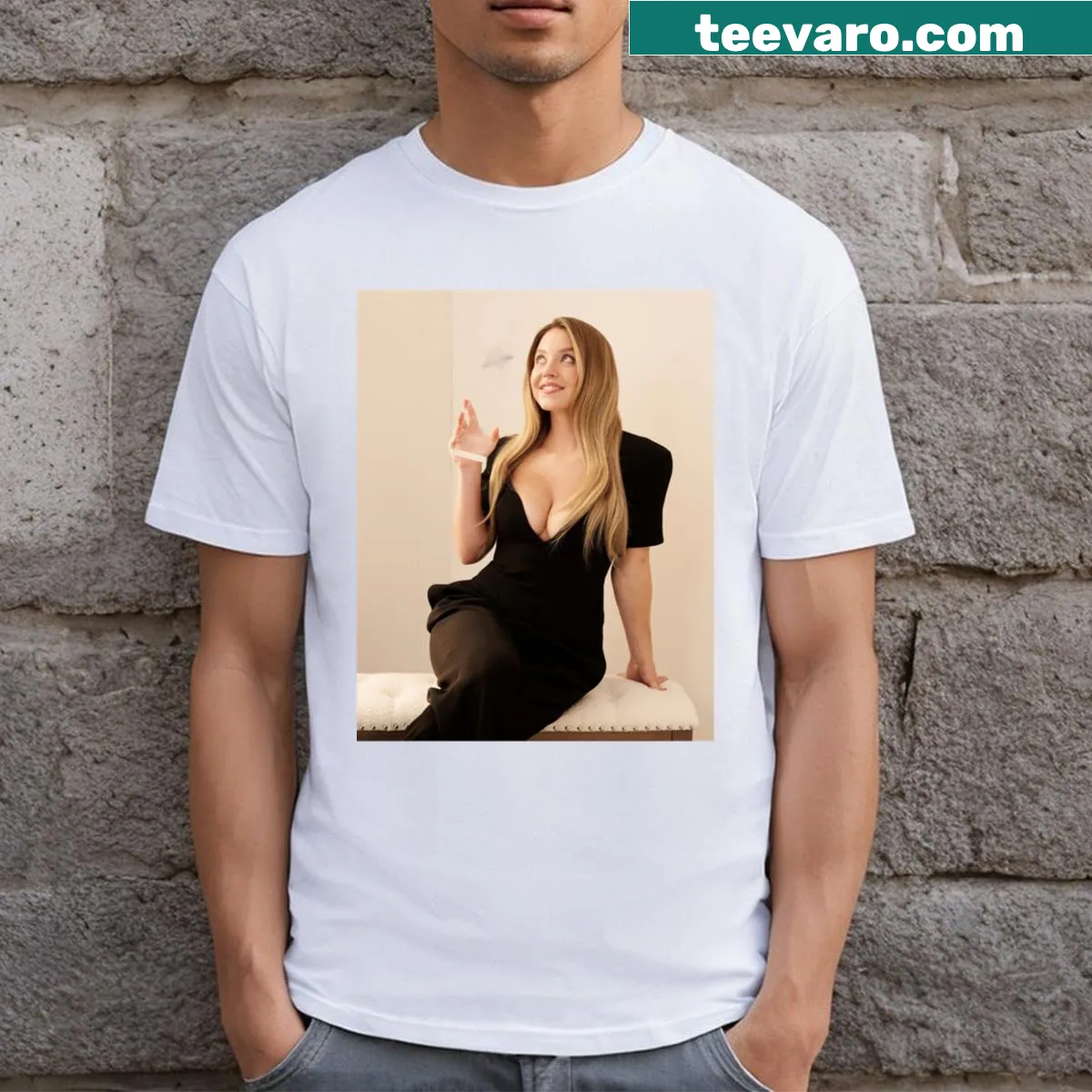 Charming T-shirt featuring a graphic of Sydney Sweeney — on a men's t-shirt