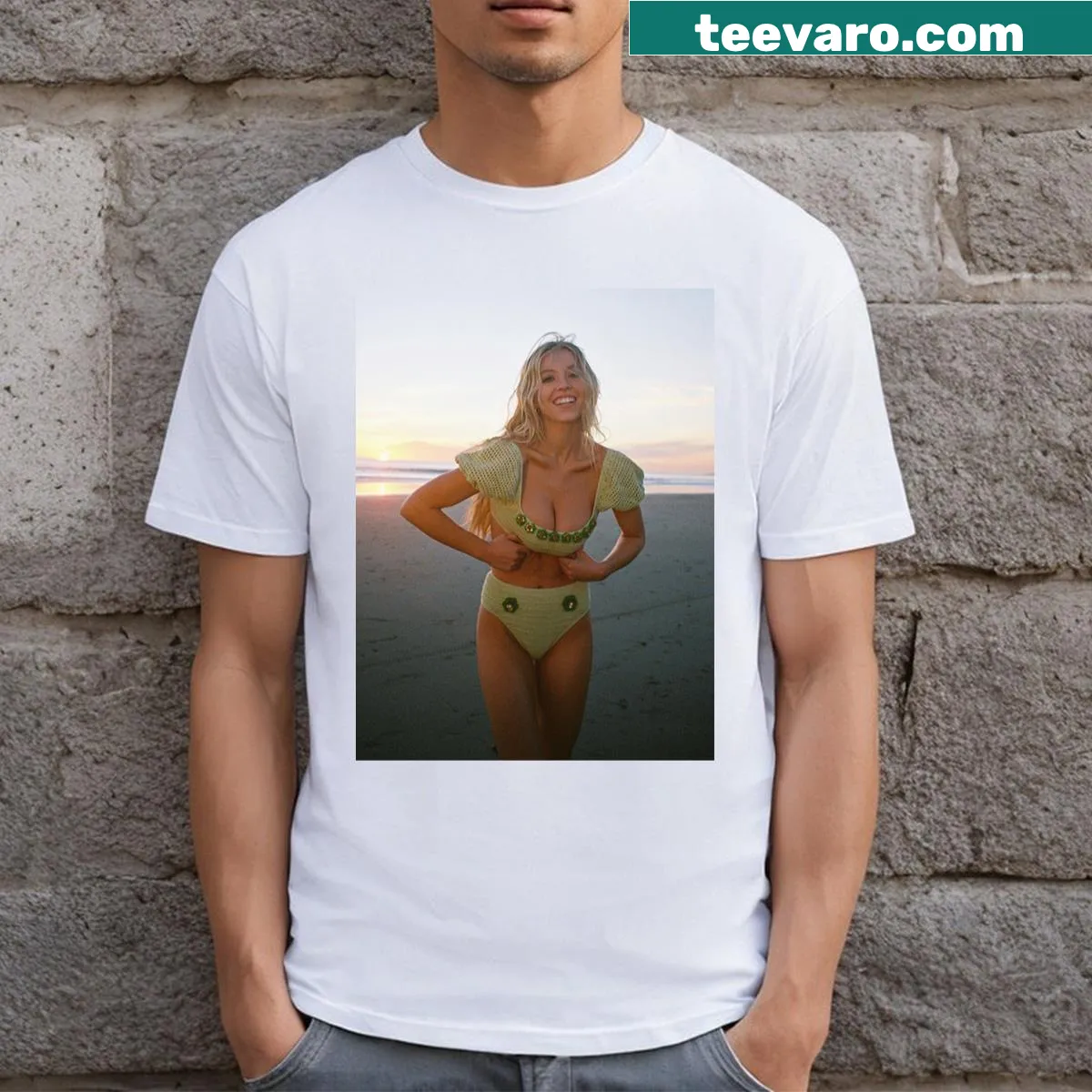 Stylish t-shirt featuring an artistic design of Sydney Sweeney — on a men's t-shirt