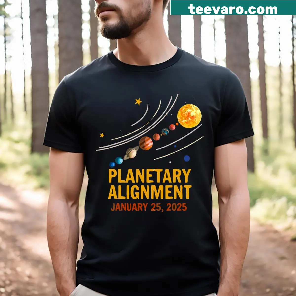 Astrology-themed T-shirt depicting planetary alignment — on a men's t-shirt