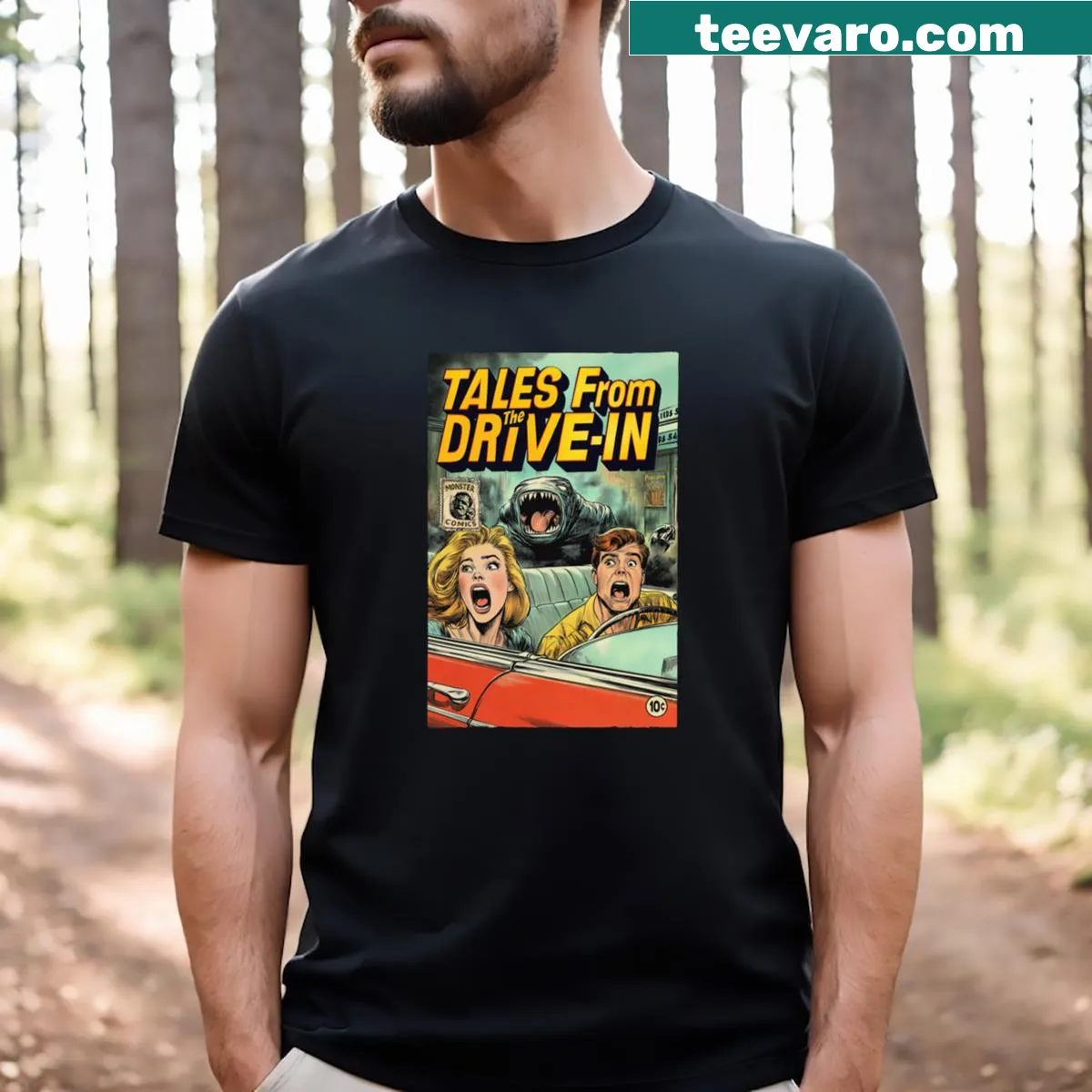 Retro monster comic style T-shirt with vintage horror theme — on a men's t-shirt