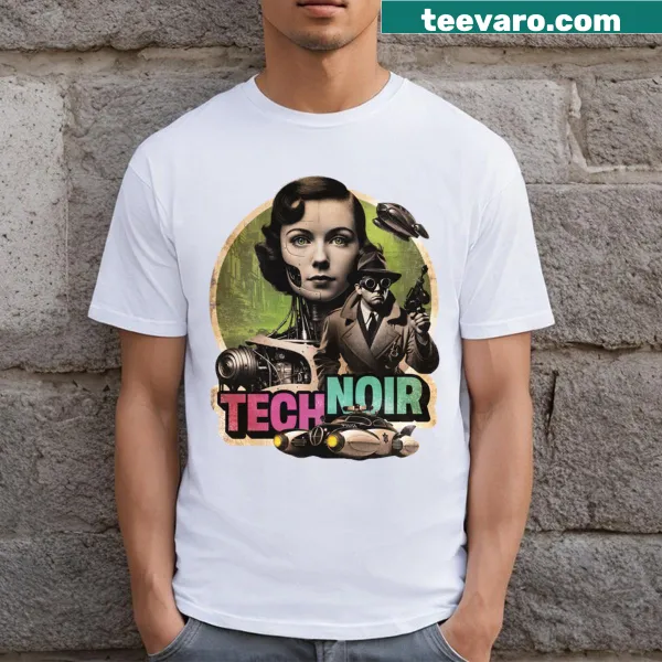 Tech noir retro T-shirt with sci-fi and film noir graphic