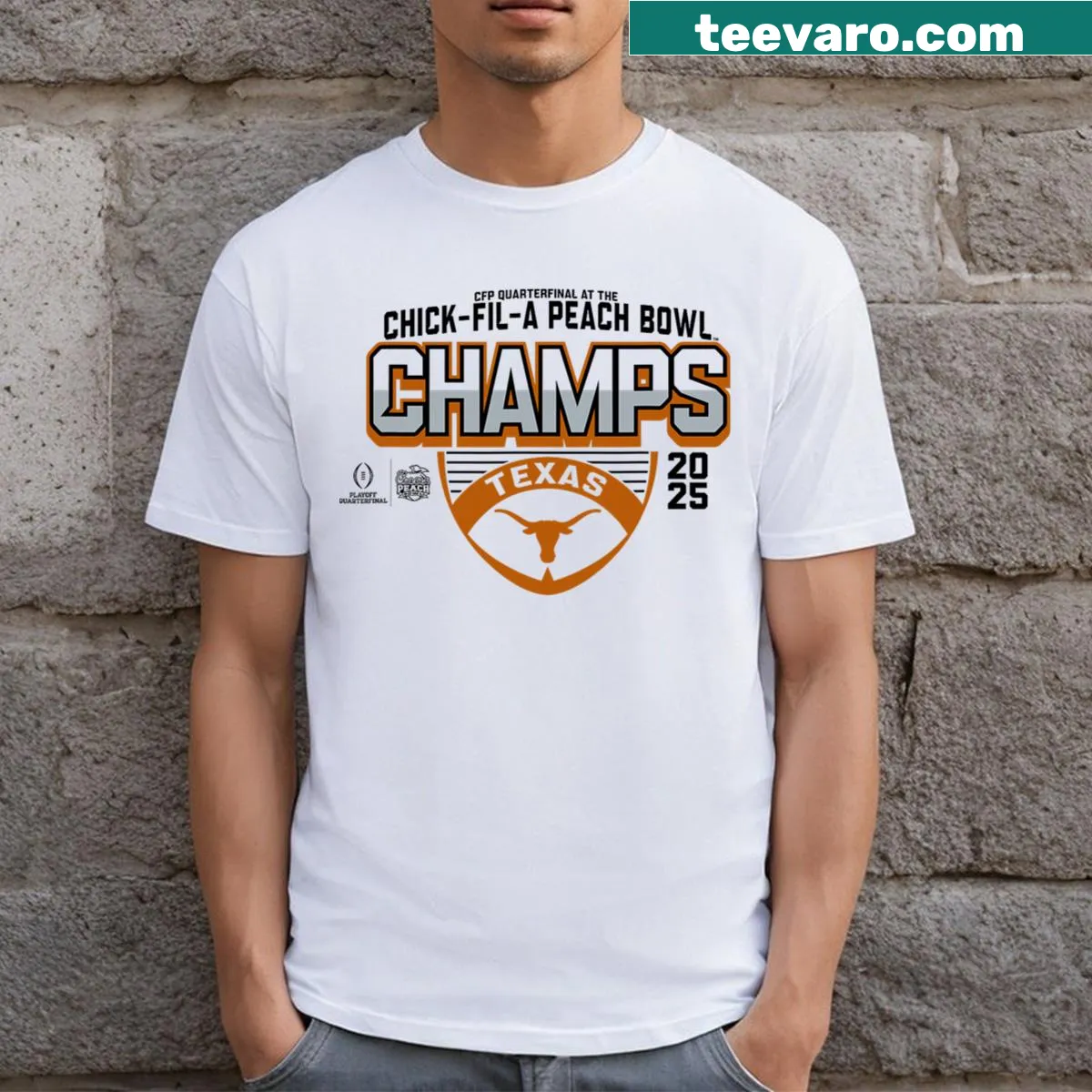 Texas Longhorns Peach Bowl Champs T-shirt with team graphics — on a men's t-shirt