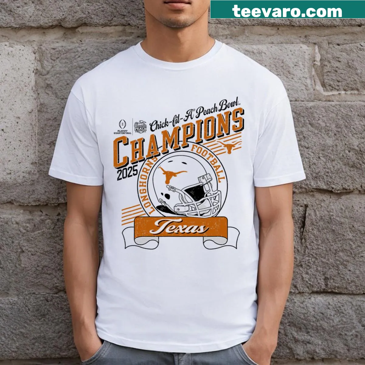 Texas Longhorns Peach Bowl Champs T-shirt with bold graphics — on a men's t-shirt