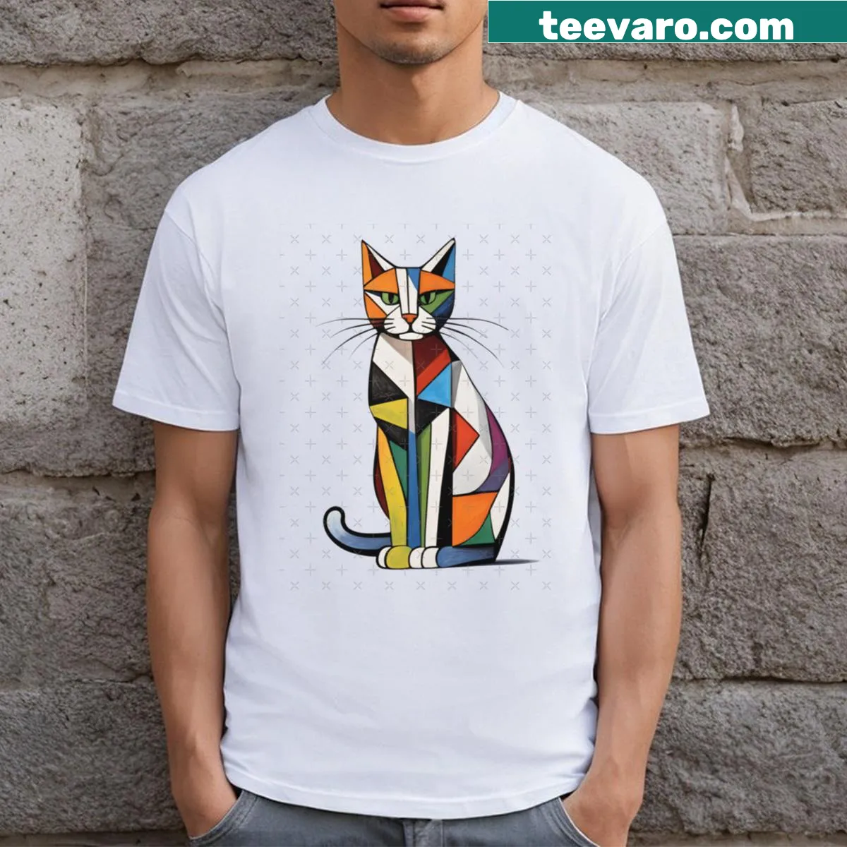 Cubist design of a cat on T-shirt — on a men's t-shirt