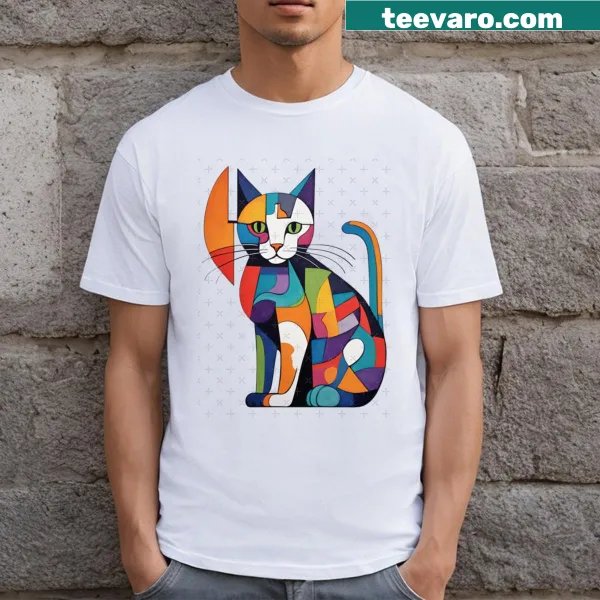 Cubist cat design T-shirt with a playful artistic style