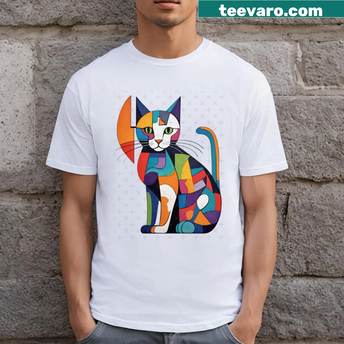 Cubist cat design T-shirt with a playful artistic style — on a men's t-shirt