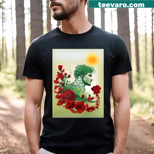 Illustration of a gardener among roses on a t-shirt.