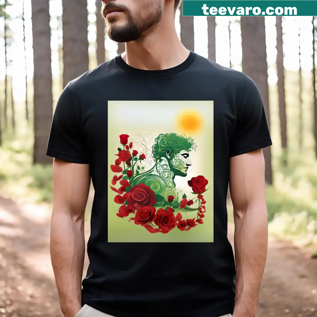 Illustration of a gardener among roses on a t-shirt. — on a men's t-shirt
